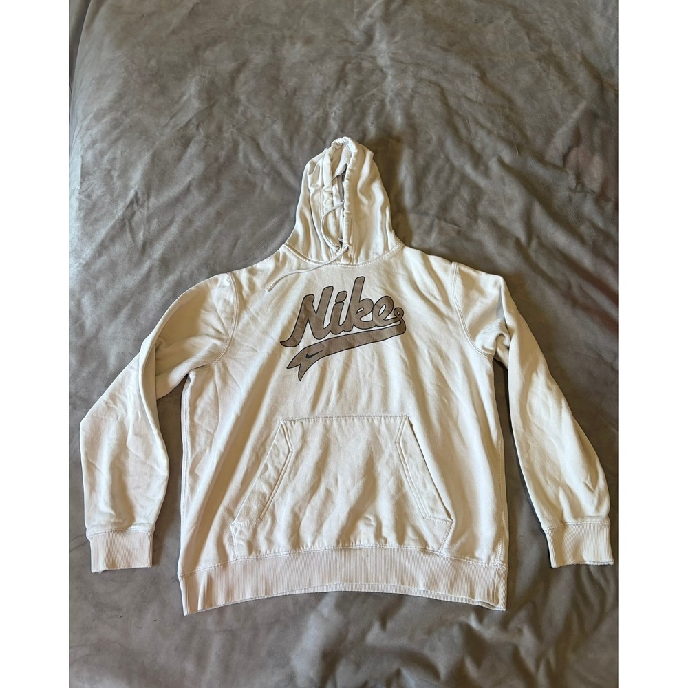 Nike Mens Hoodie Cream Off White Graphic Logo Pullover Sweatshirt Large